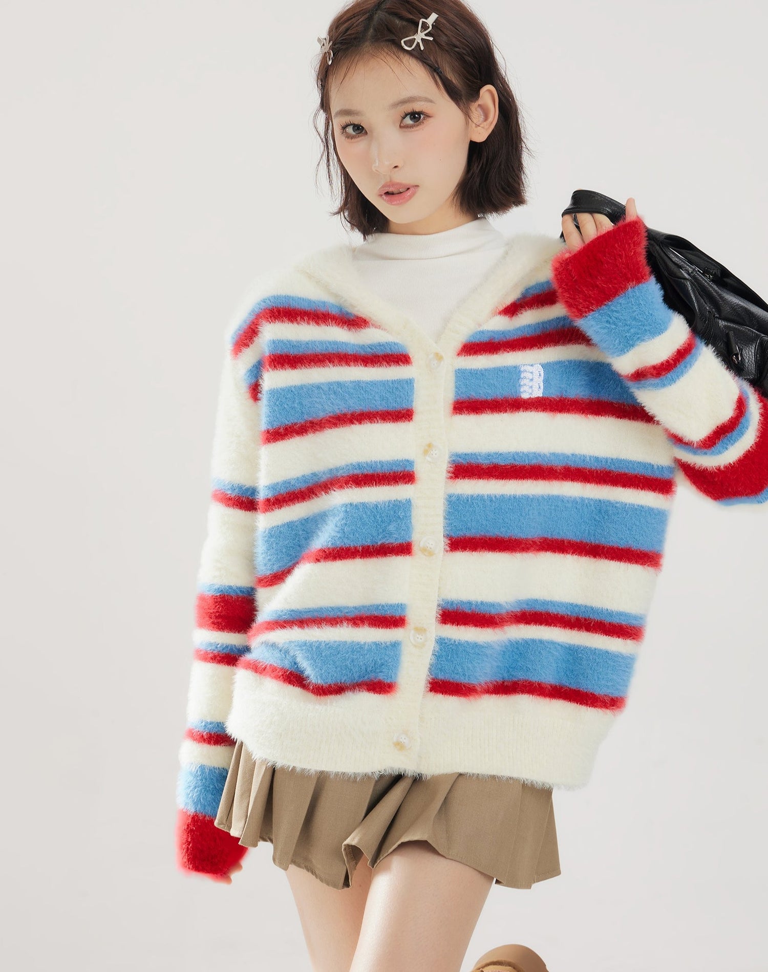 Colorful Striped Hooded Fleece Knit Sweater