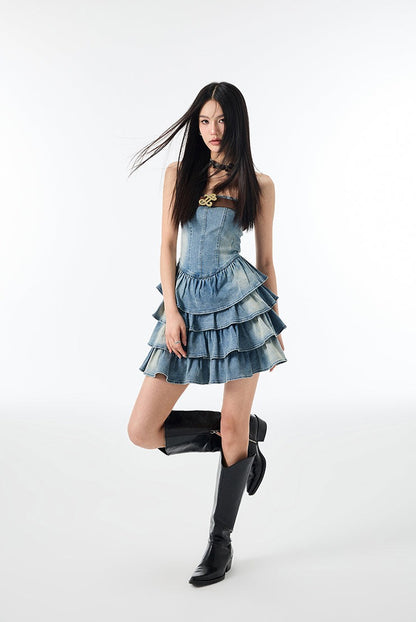 Vintage Washed Denim Pleated Cake Dress