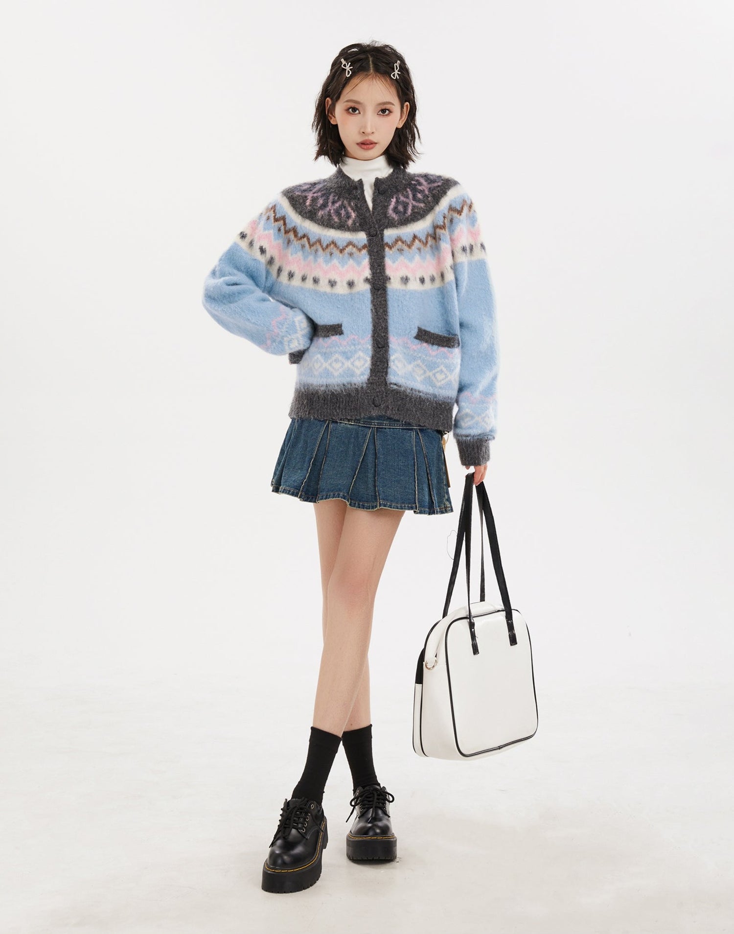 Blue Fair Isle Zip-Up Knit Cardigan Sweater