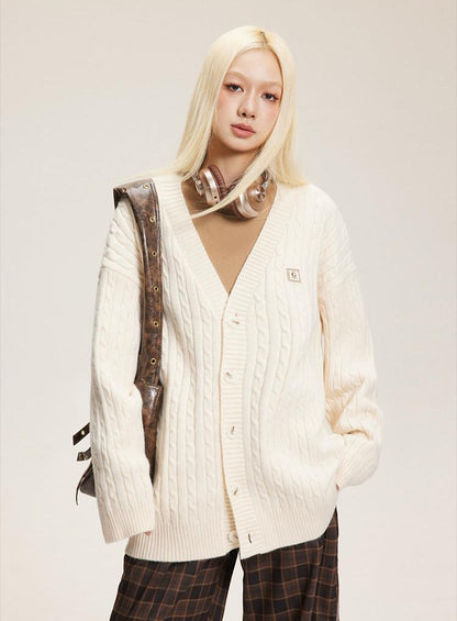 V-Neck Cable Knit Button-Up Cardigan