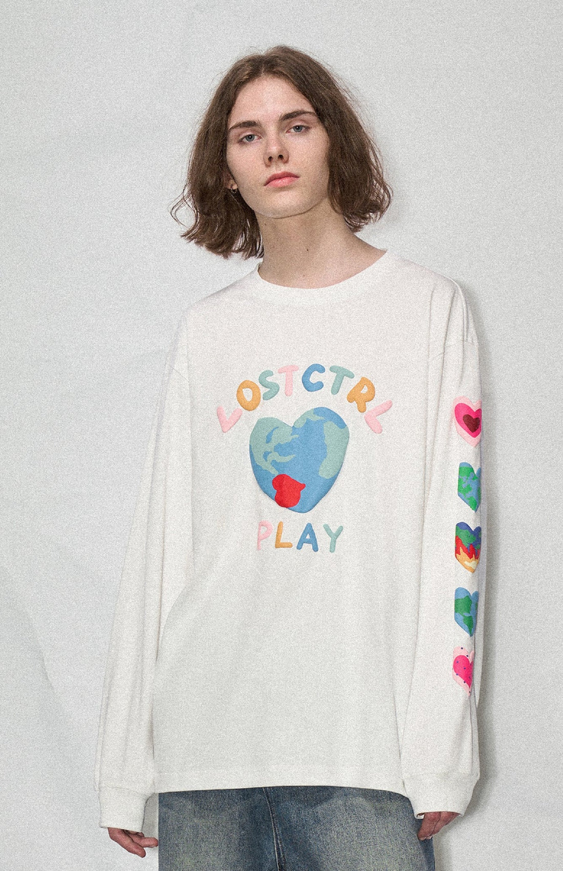 LOSTCTRL Heart Earth Foam Print Long Sleeve Tee