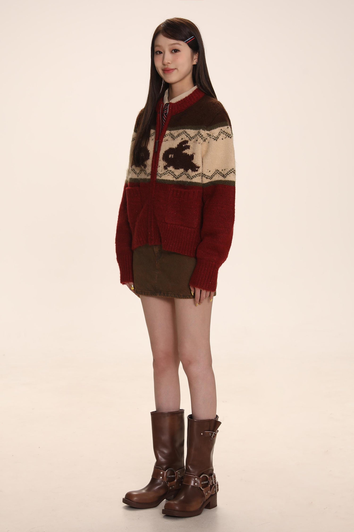 Rabbit Jacquard Zipper Knitted Cardigan