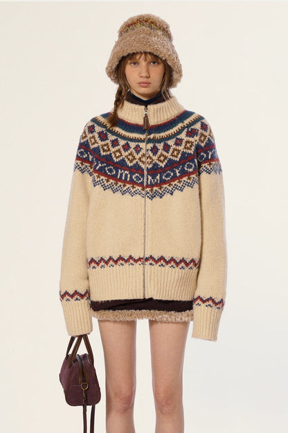 Vintage Turtleneck Fair Isle Knit Cardigan Sweater