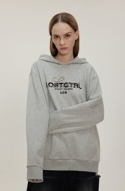 LOSTCTRL Studded Rhinestone Print Hoodie