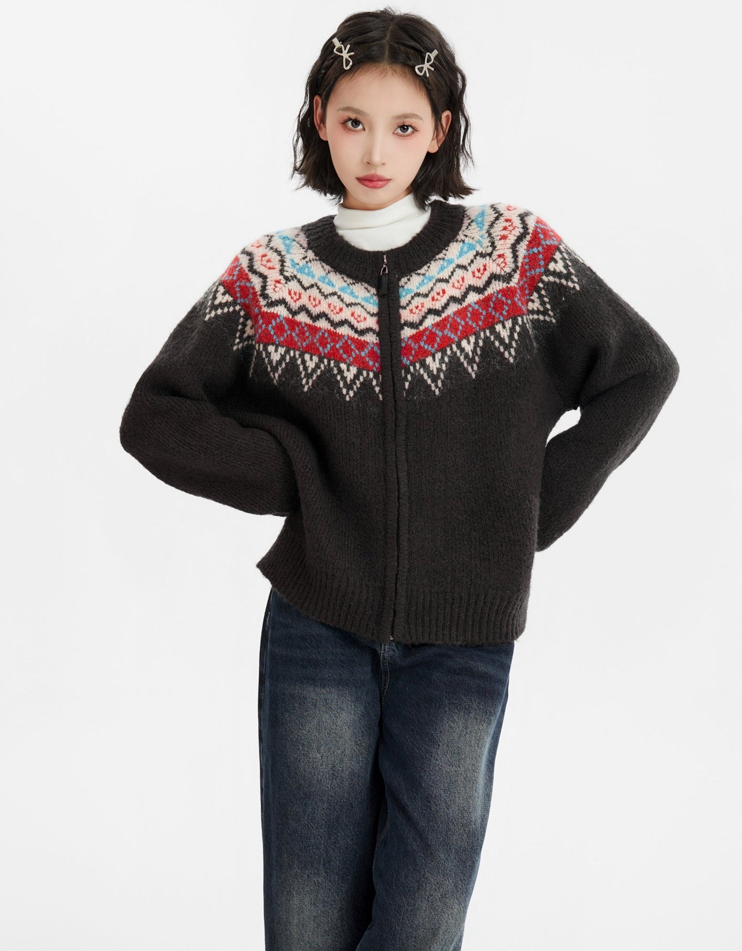 Black Fair Isle Pattern Knit Cardigan