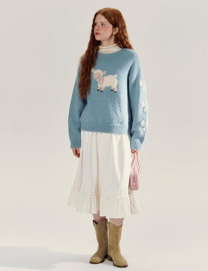 Retro Lamb Pattern Round Neck Knit Sweater