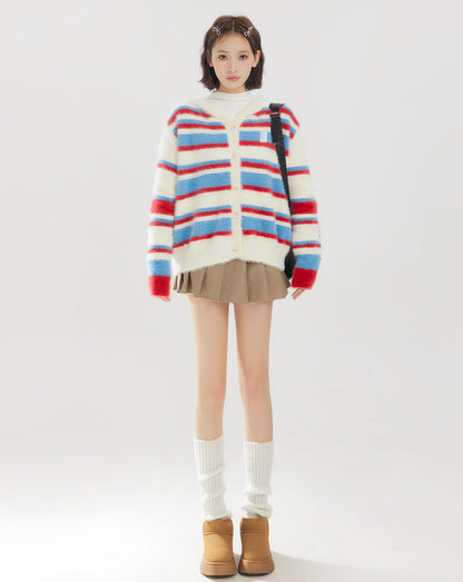 Colorful Striped Hooded Fleece Knit Sweater