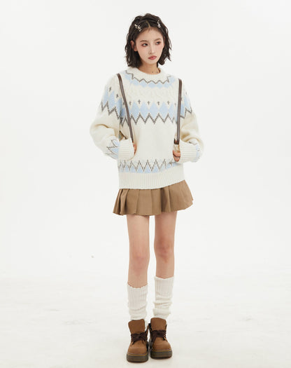 Fair Isle Jacquard White Crewneck Pullover