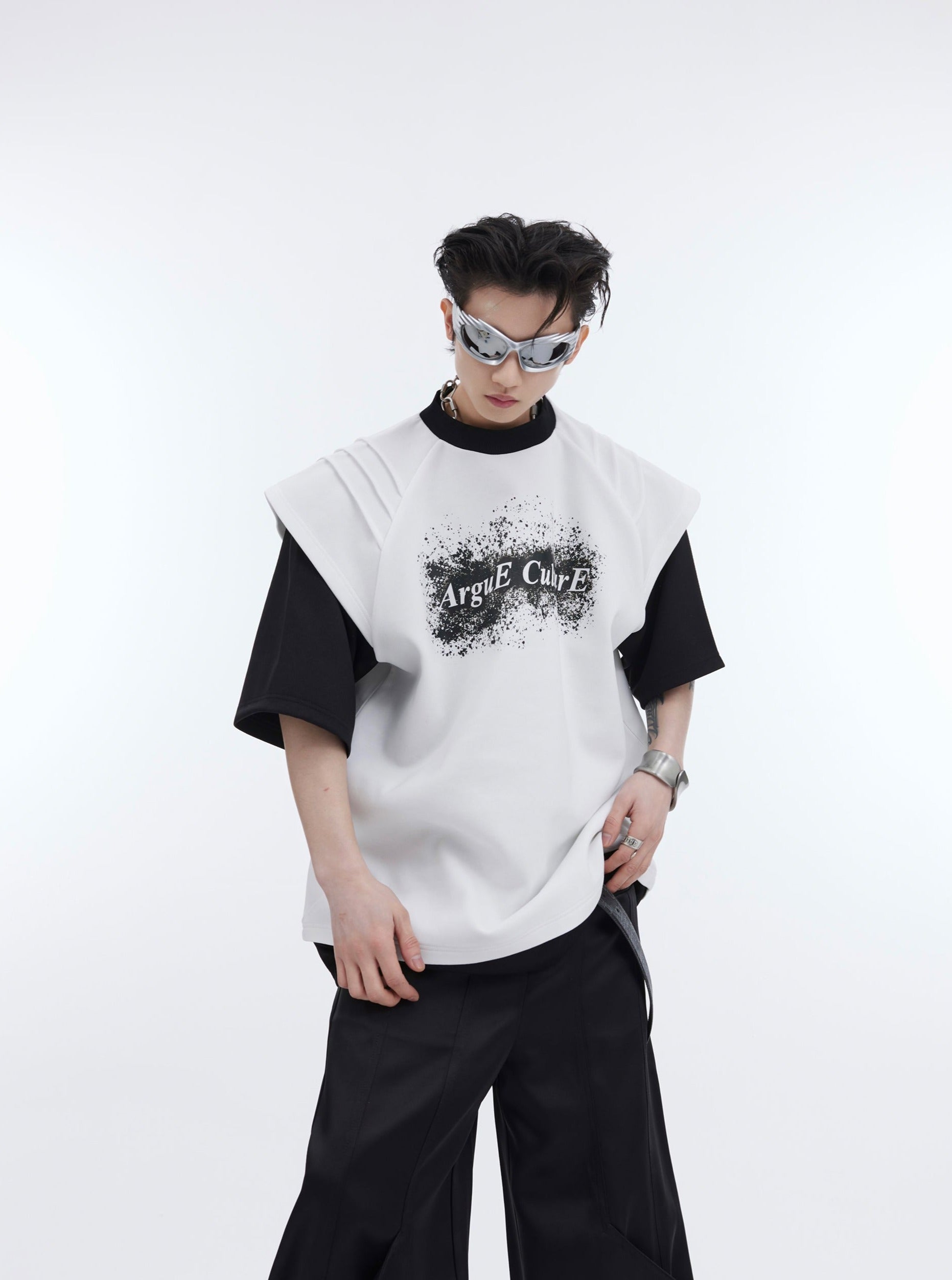 Ink-Splatter Print Deconstructed Mock Two-Piece Tee