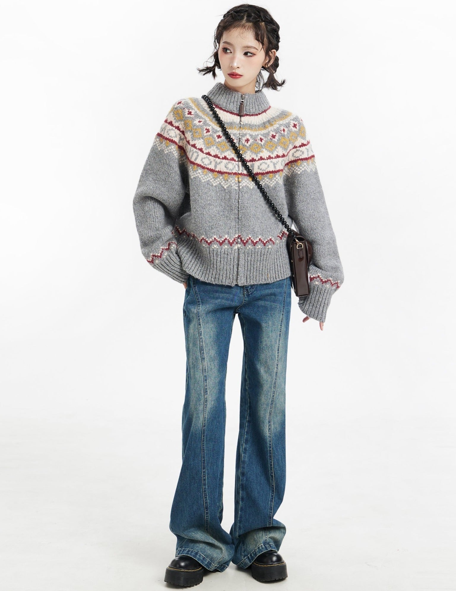 Gray Fair Isle Zip-Up Knit Sweater