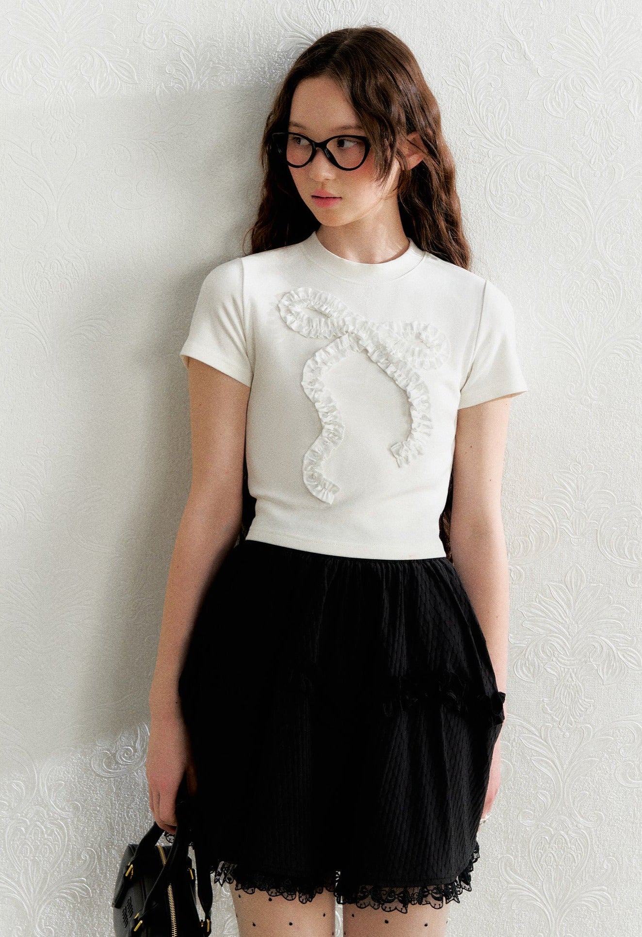 Embroidered Ruffled Trim Bow Tie Tee