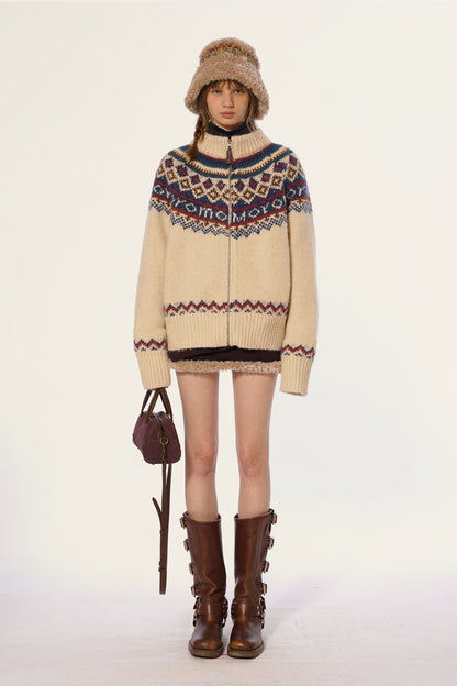 Vintage Turtleneck Fair Isle Knit Cardigan Sweater