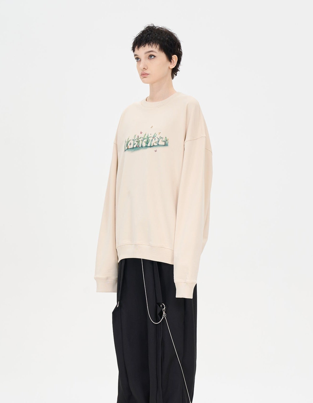 LOSTCTRL Hand-painted Cactus Logo Print Sweatshirt