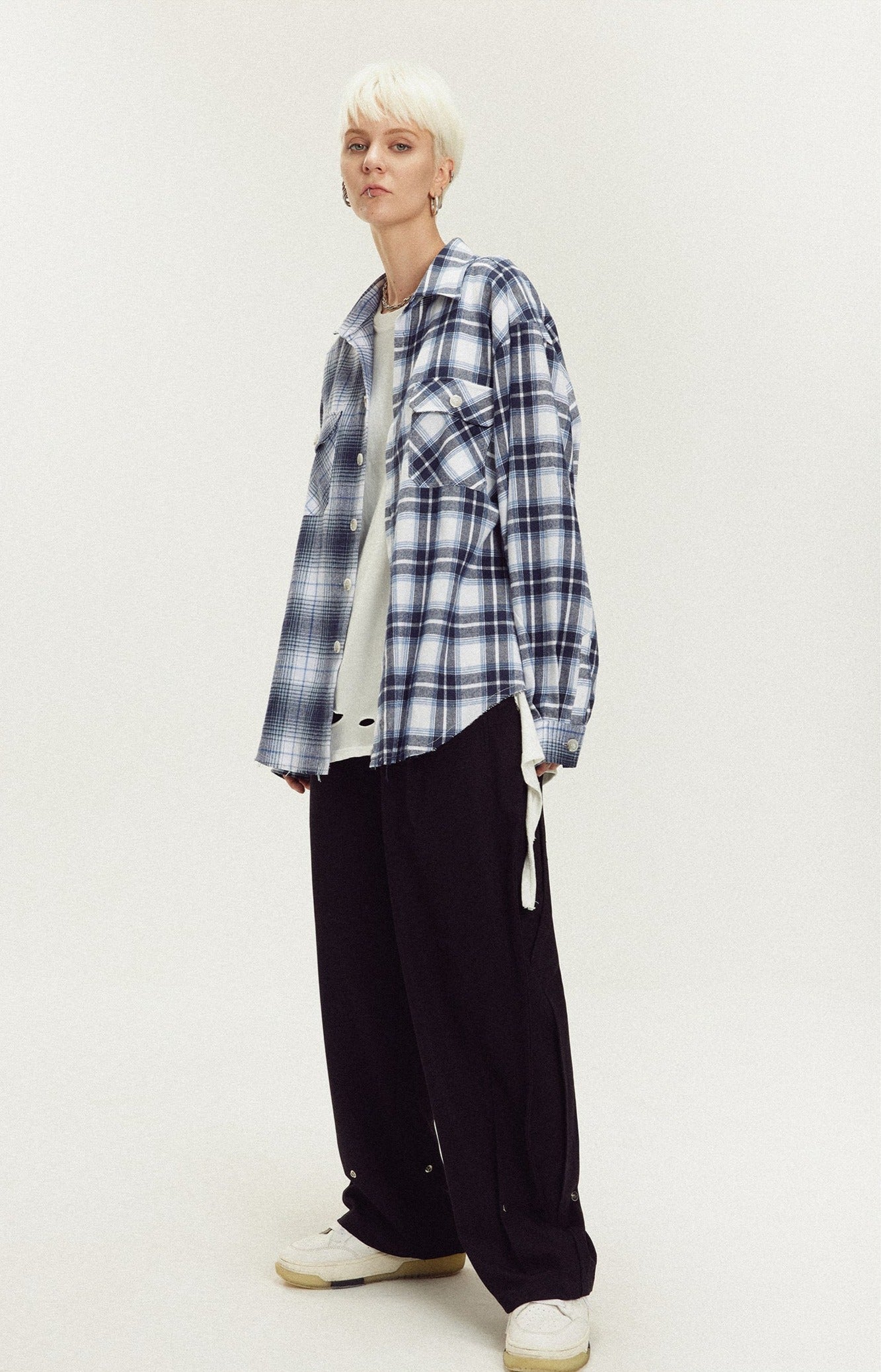 LOSTCTRL Embroidered Logo Plaid Patchwork Long Sleeve Shirt