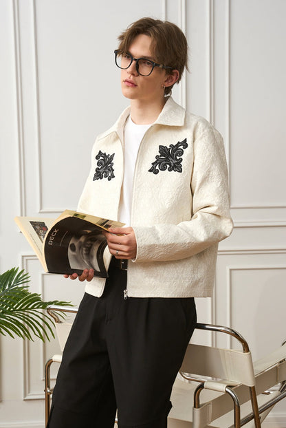 Embossed Jacquard Collar Zip-up Jacket