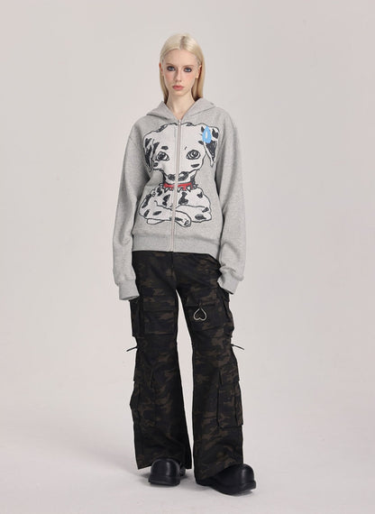 Hand-Drawn Spotted Dog Print Zip-Up Hoodie