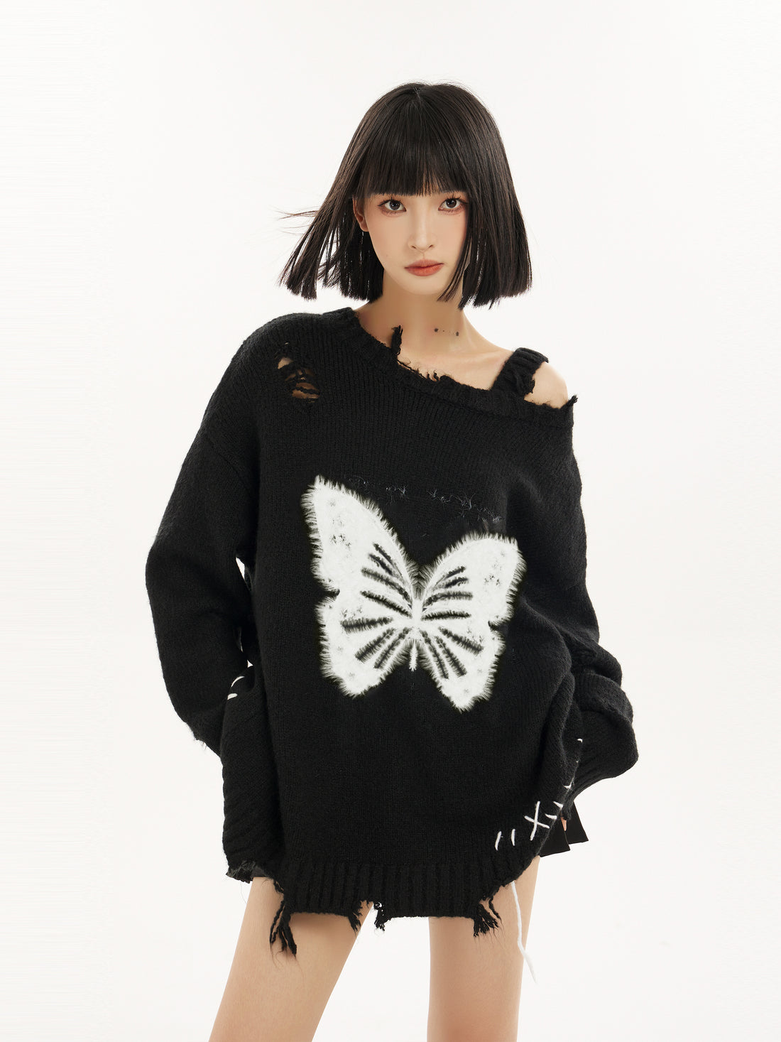 Black Off-Shoulder Butterfly Print Sweater