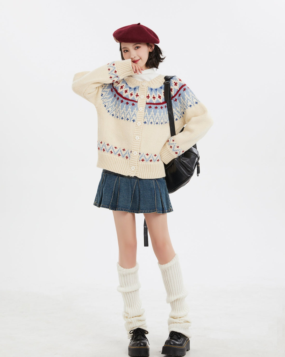 Fair Isle Button-Up Round Neck Knit Sweater