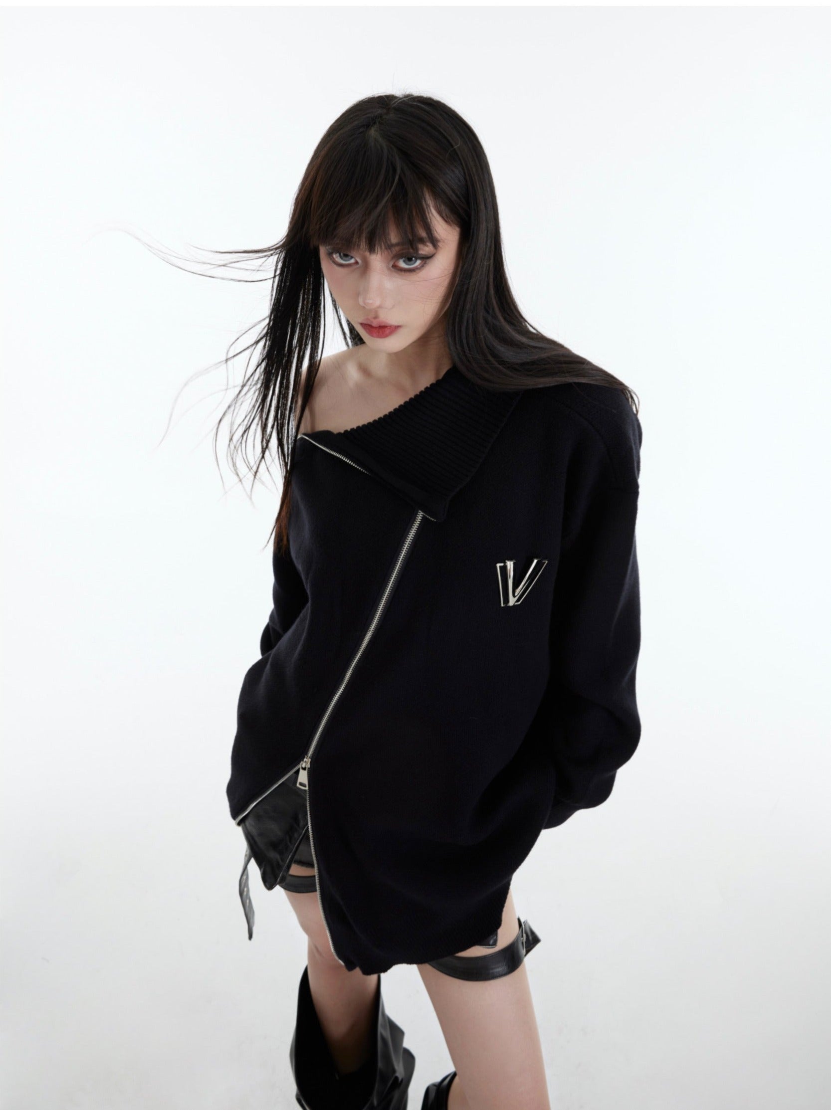 High-Neck Metal Zip-Up Sweater