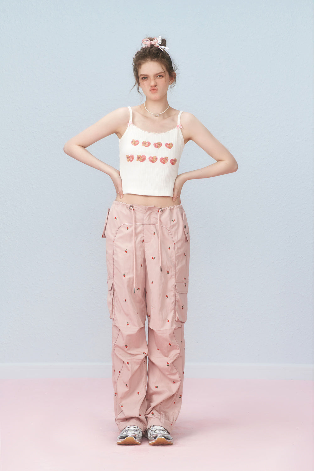 Cherry Embroidered Cargo Pants