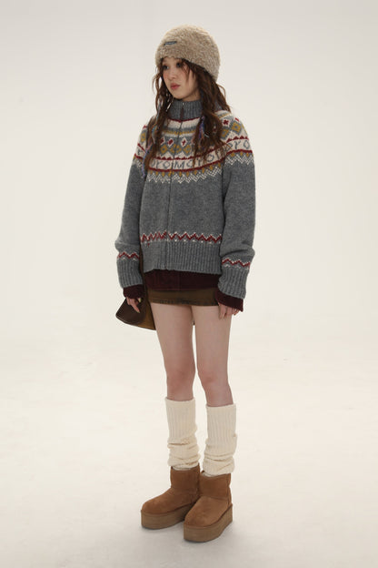 Vintage Turtleneck Fair Isle Knit Cardigan Sweater