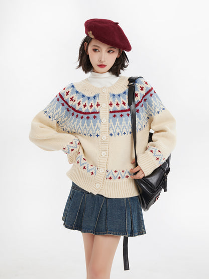 Fair Isle Button-Up Round Neck Knit Sweater