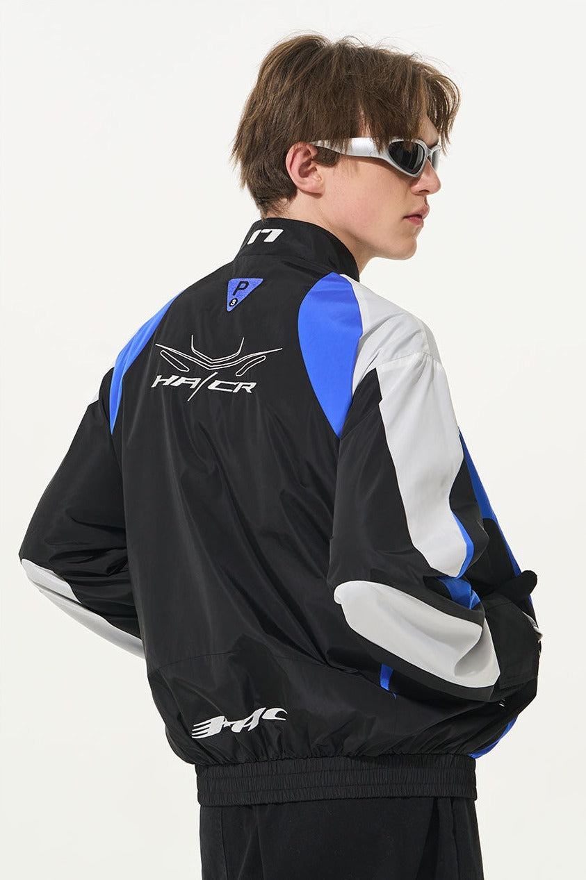 Embroidered Color-Blocked Stand Collar Racing Jacket