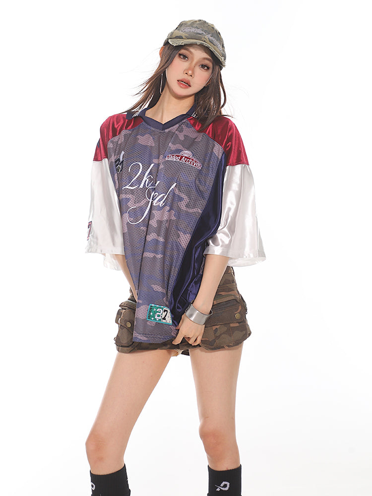 Retro Camouflage Mesh Panel Sports Jersey Tee