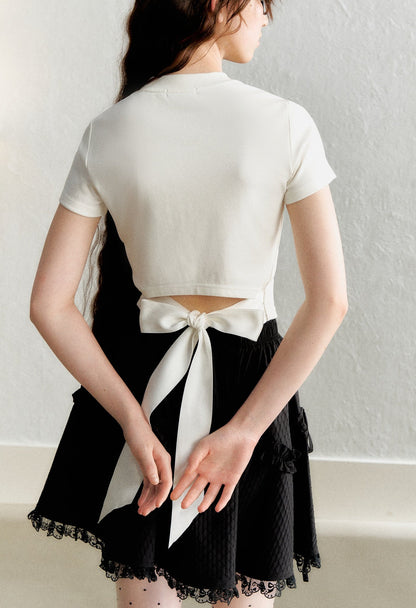 Embroidered Ruffled Trim Bow Tie Tee