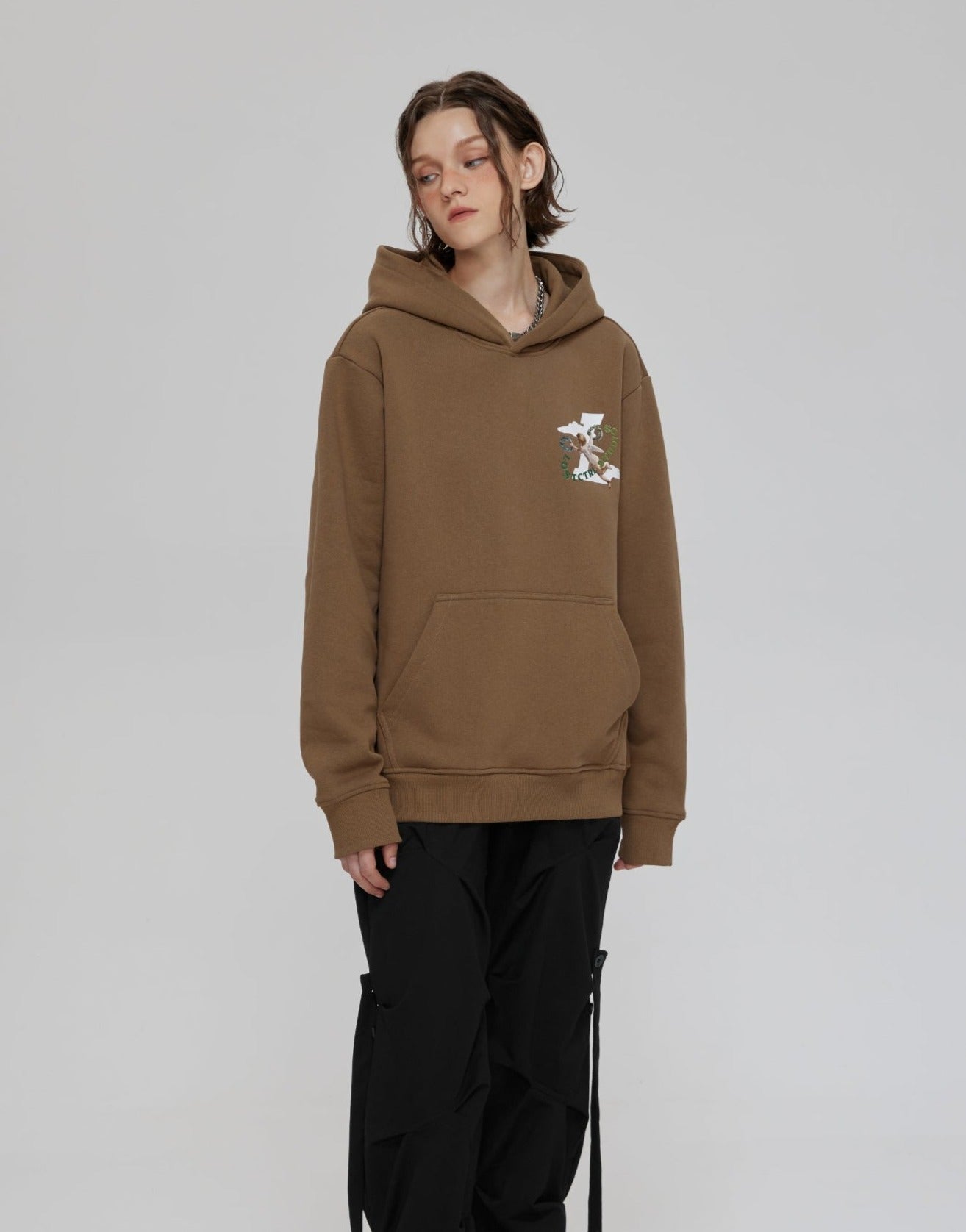 LOSTCTRL Angels Print Oversized  Fleece Hoodie