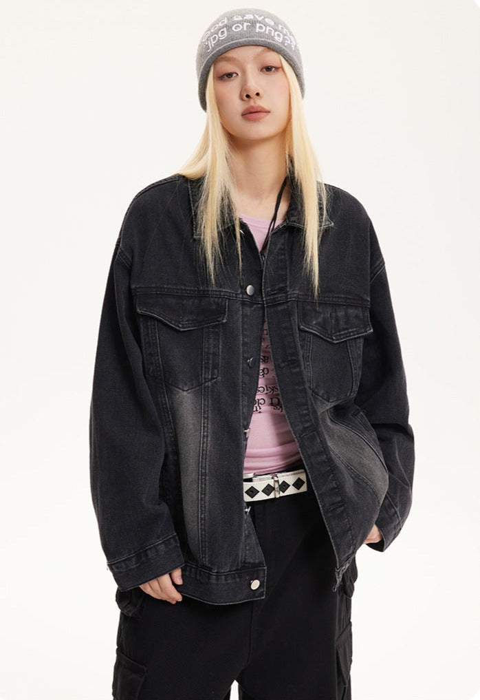 Vintage Turn-down Collar Distressed Denim Jacket