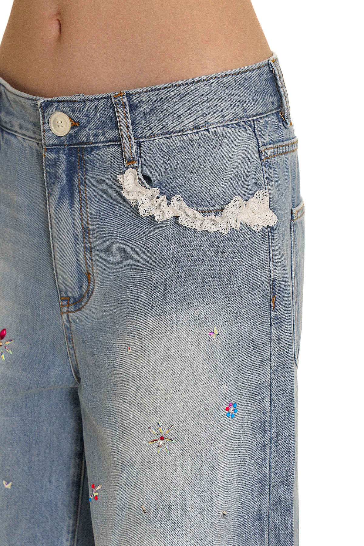 Colorful Rhinestone Lace Trimmed Distressed Denim