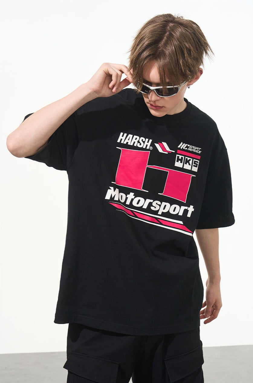 ネオンカラーブロックレーシングスタイルプリントTシャツ