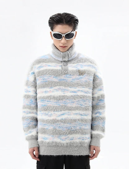 Faux Mink Loose Fit Striped Turtleneck Sweater