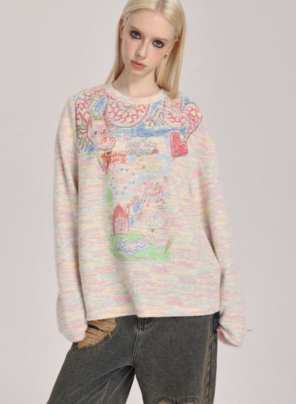 Hand-Drawn Dragon Print Rainbow Crewneck Pullover