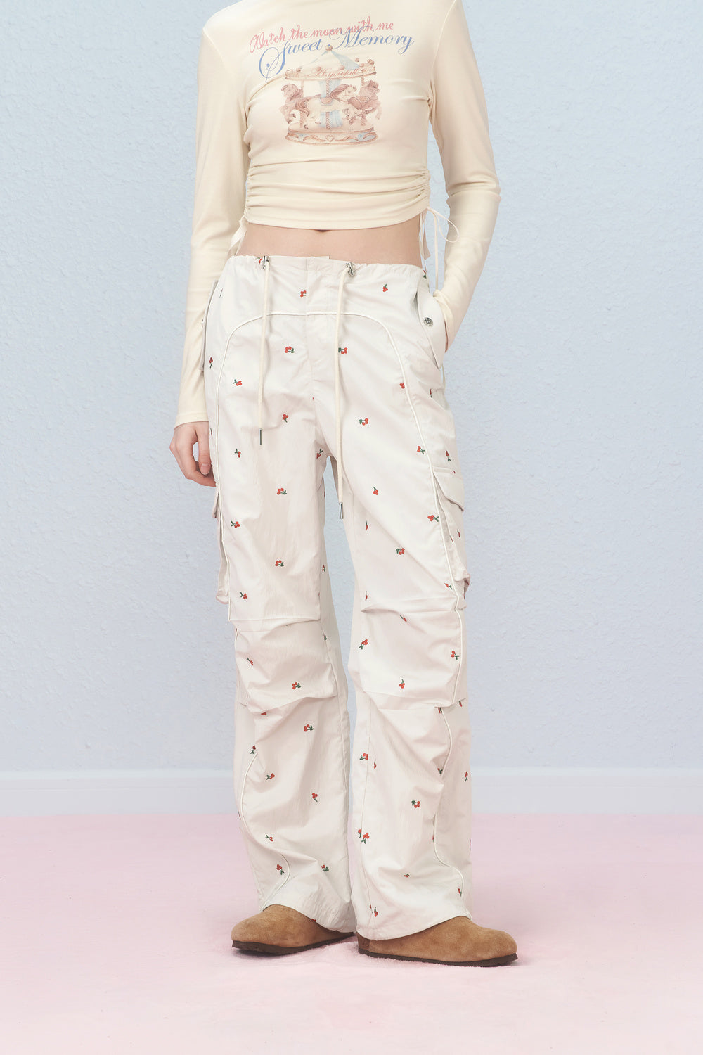 Cherry Embroidered Cargo Pants