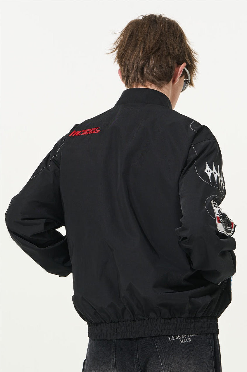 Vintage Racing Elements Embroidered Stand Collar Jacket