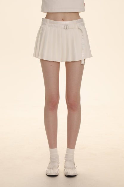 Dual-Sided Satin Ribbon Pleated Mini Skirt