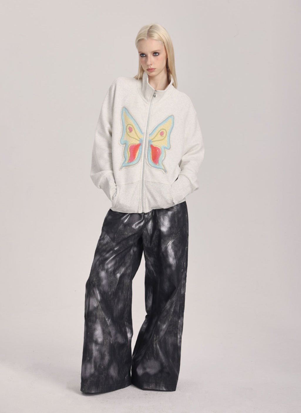 Butterfly Applique Turtleneck Zip-Up Cardigan