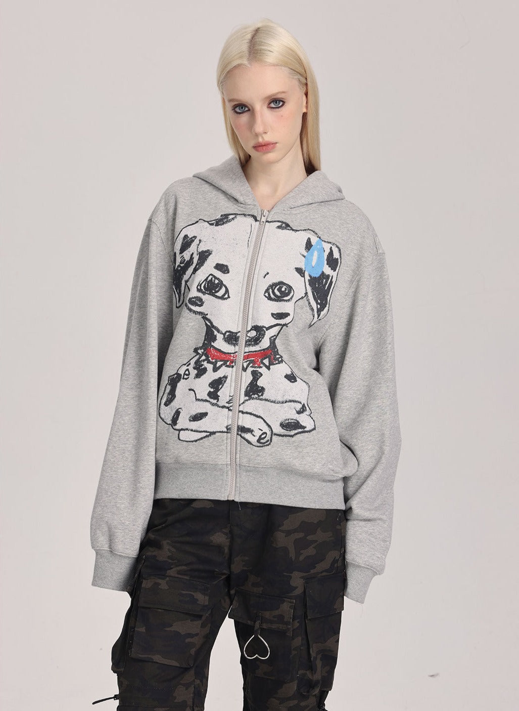 Hand-Drawn Spotted Dog Print Zip-Up Hoodie