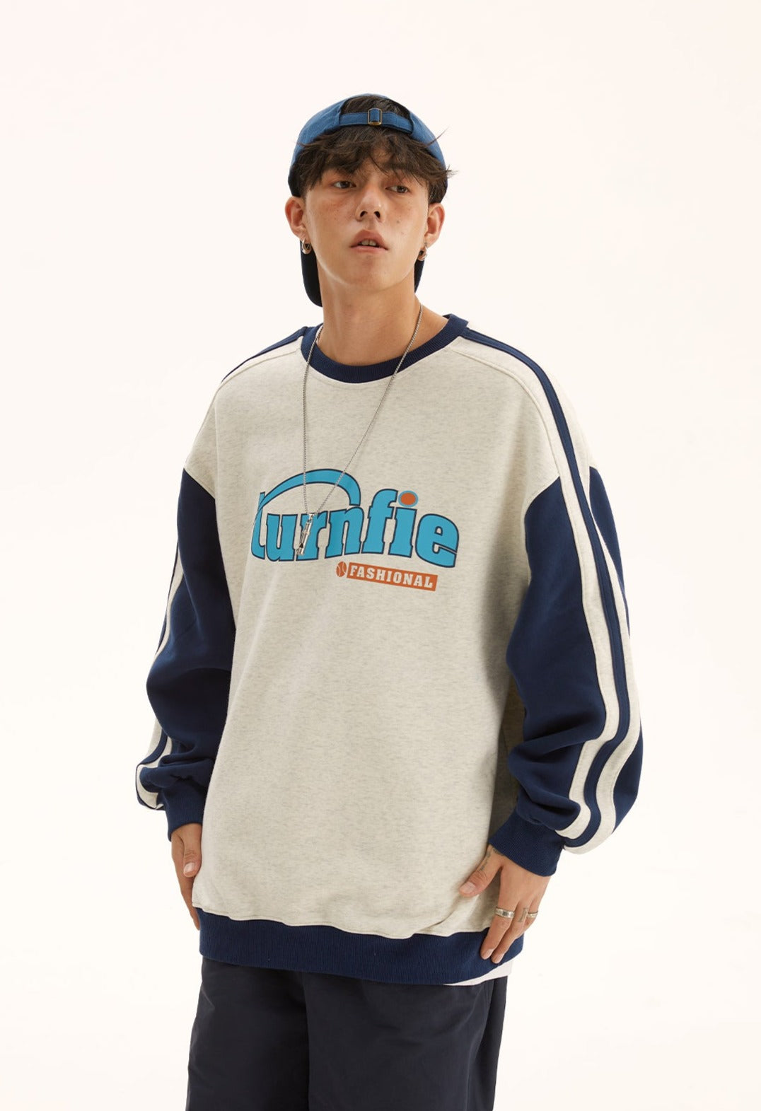 CATTEE Striped Letter Logo Crew Neck Sweatshirt