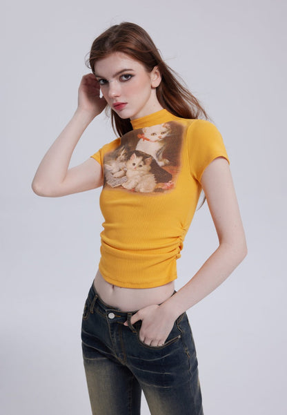 Vintage Cat Print Half Turtleneck Tee