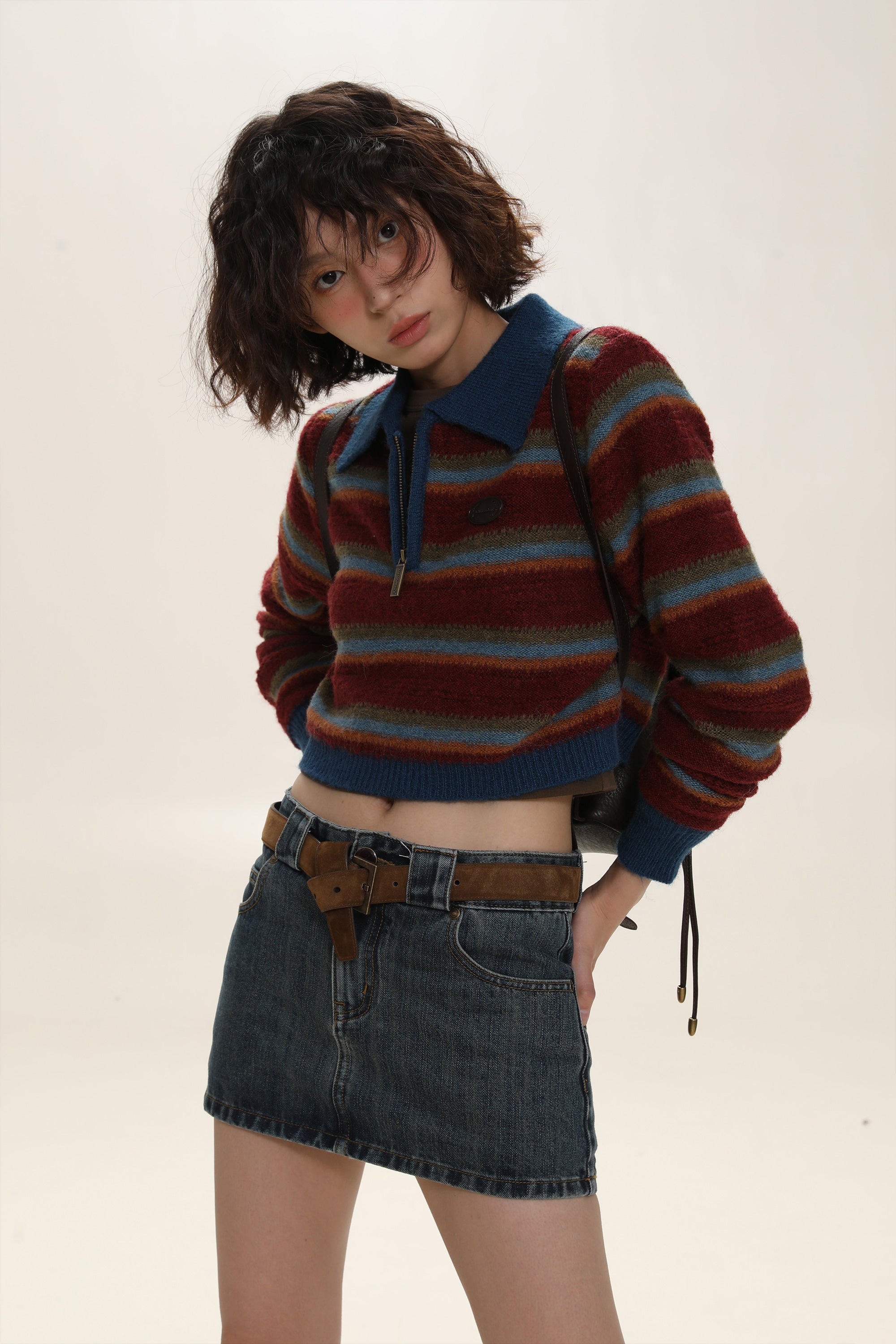 Contrast Stripe Polo Knit Sweater