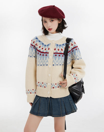 Fair Isle Button-Up Round Neck Knit Sweater