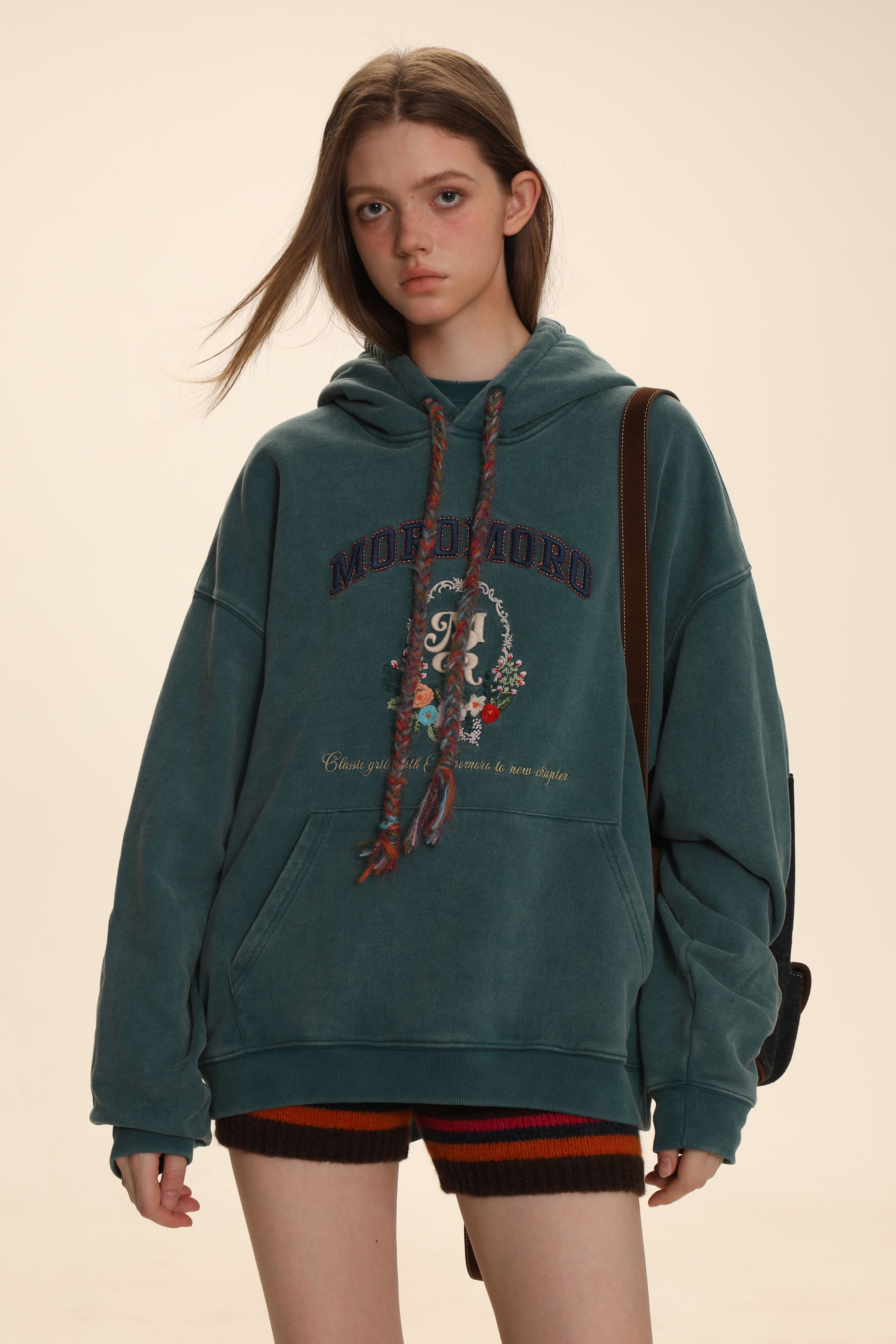 Colorful Yarn Rope Floral Emblem Embroidered Hoodie