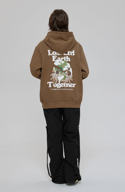 LOSTCTRL Angels Print Oversized  Fleece Hoodie