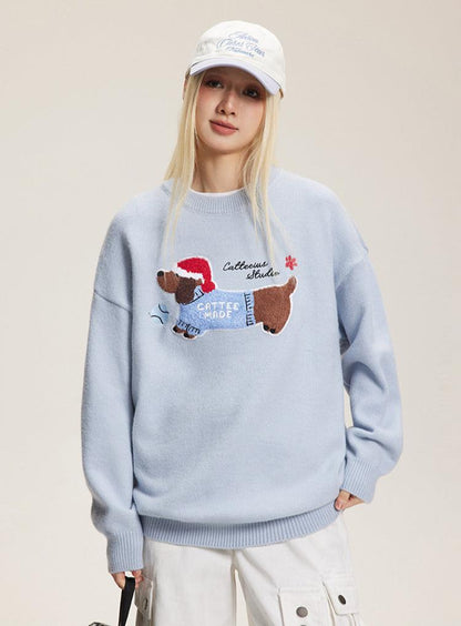 Embroidered Flocked Dog Print Knit Sweater