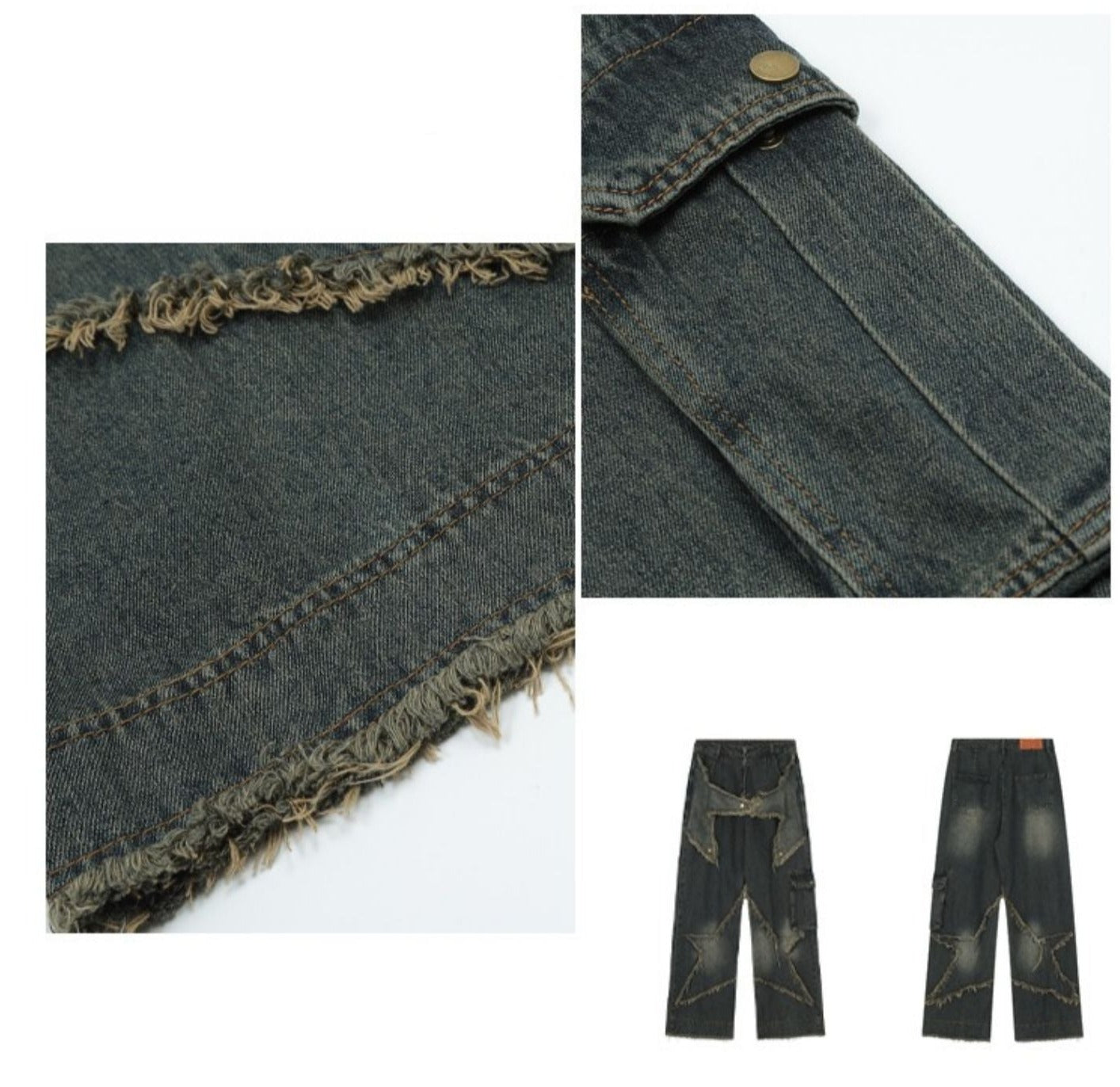 Retro Star Patch Embroidery Distressed Denim