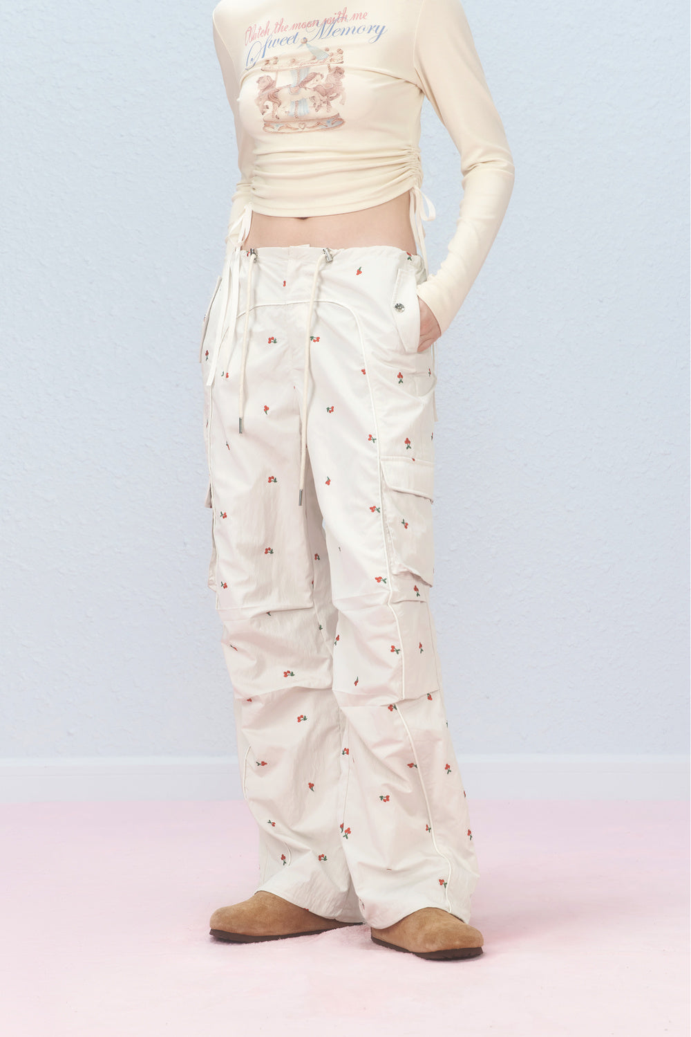 Cherry Embroidered Cargo Pants