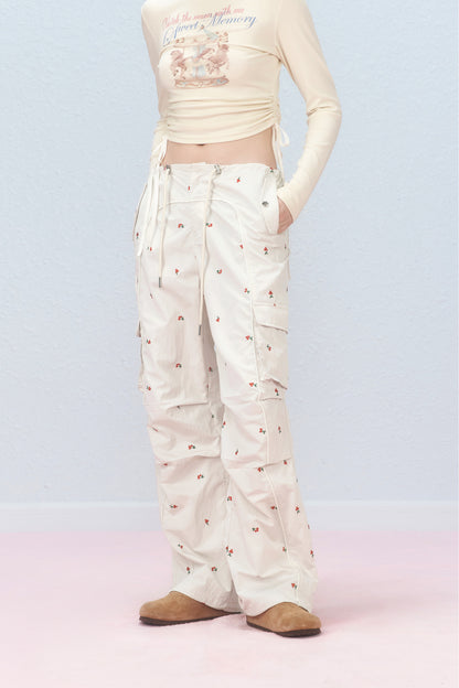 Cherry Embroidered Cargo Pants